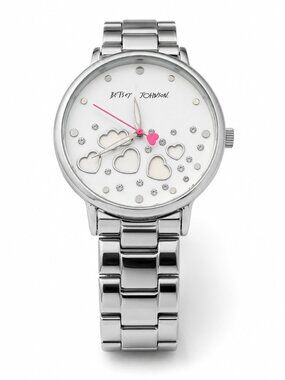 Betsey Johnson Silver-Tone Heart & Crystal Watch – White Dial – Pink Accent